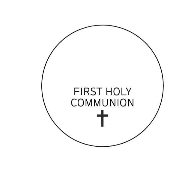 Circular design with 'First Holy Communion' text and cross symbol on a white background