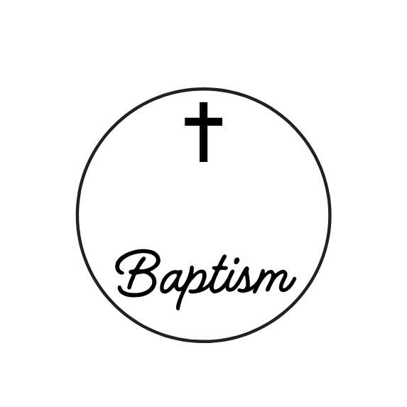 A minimalist black line art icon depicting a baptism symbol, featuring a circle with a cross at the top and the word 'Baptism' written in cursive script below, centered on a solid white background.