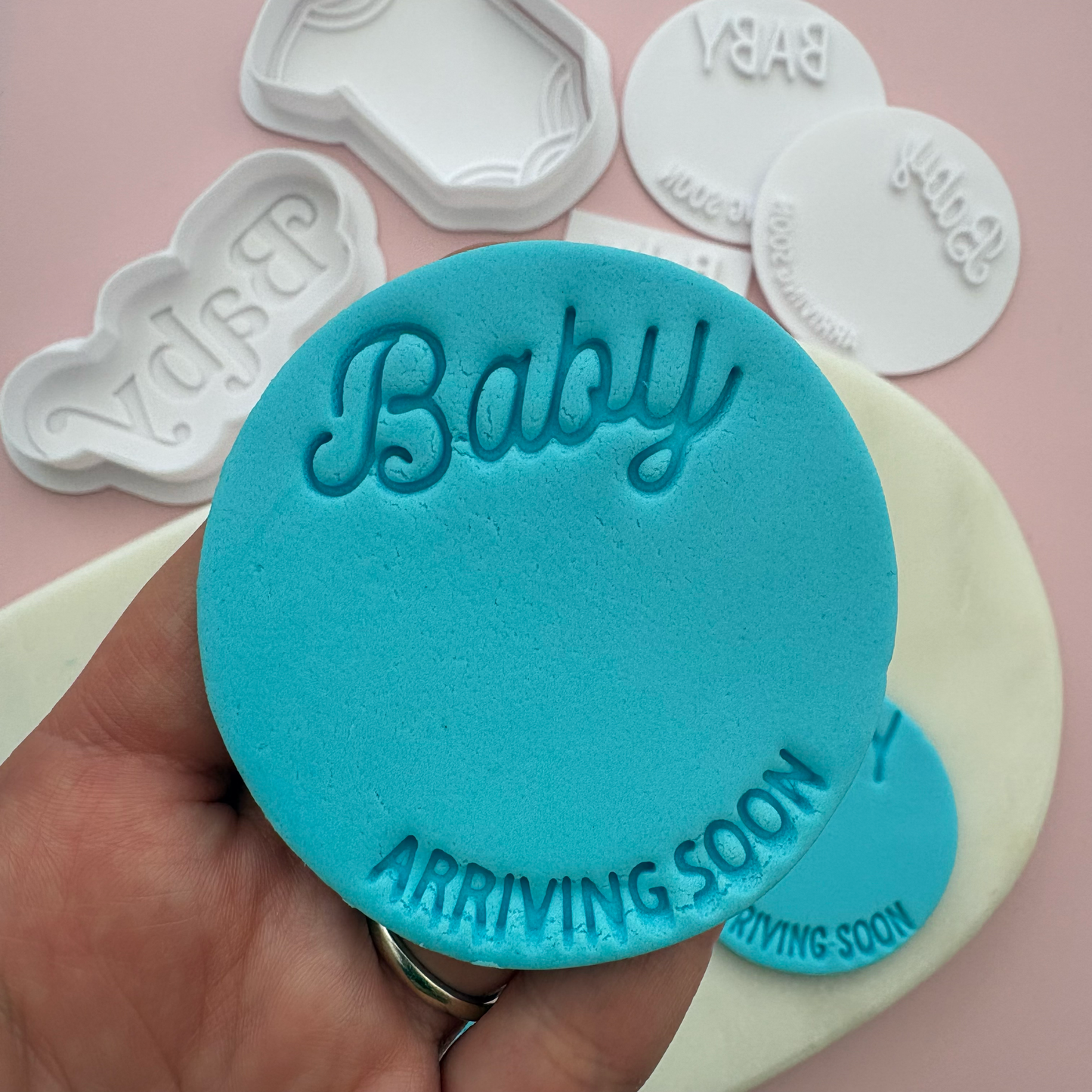 BABY arriving soon (cursive font) Cookie Stamp