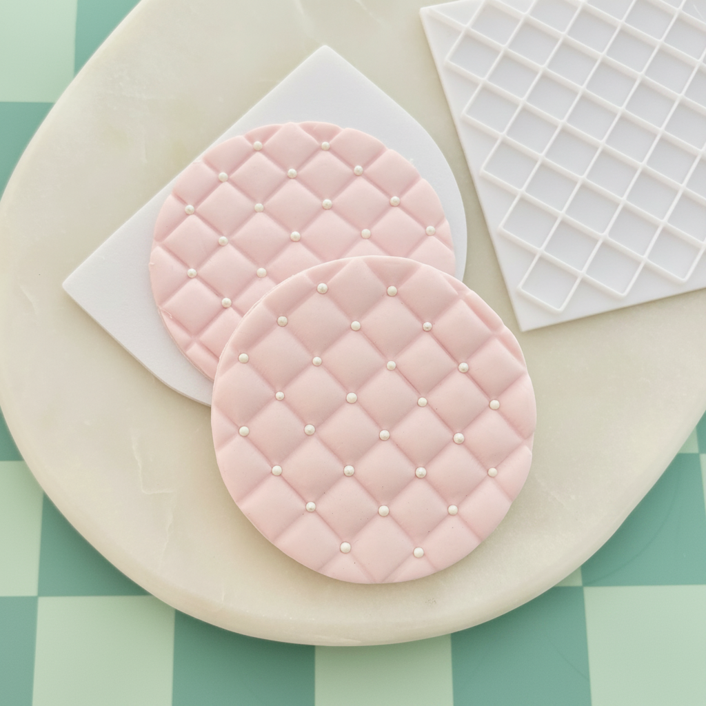 Two round pink quilted fondant decorations with small pearl-like dots, displayed on a white silicone mold and a white waffle-texture mold over a beige surface.