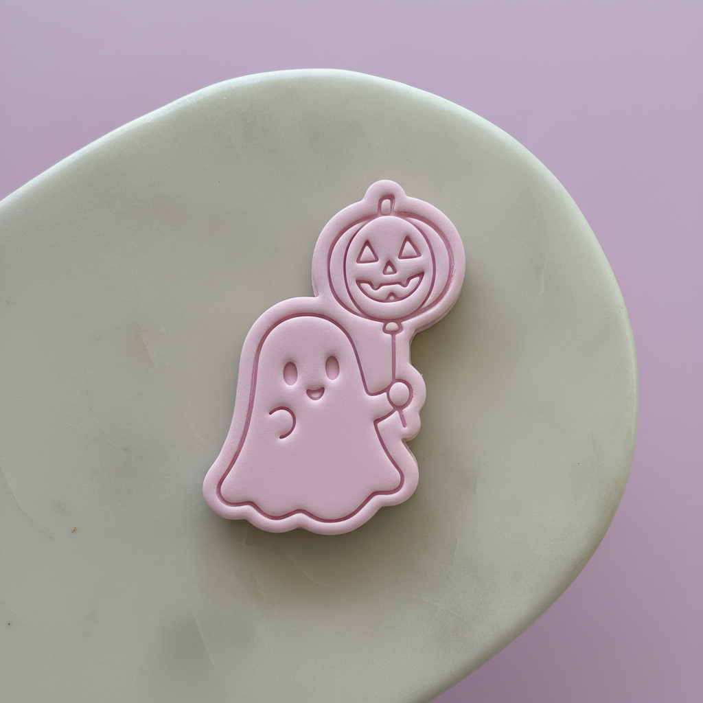 A pink Halloween-themed cookie cutter or stamp featuring a cute ghost holding a jack-o'-lantern balloon, shown on a round beige clay or polymer clay wheel against a soft pink background.