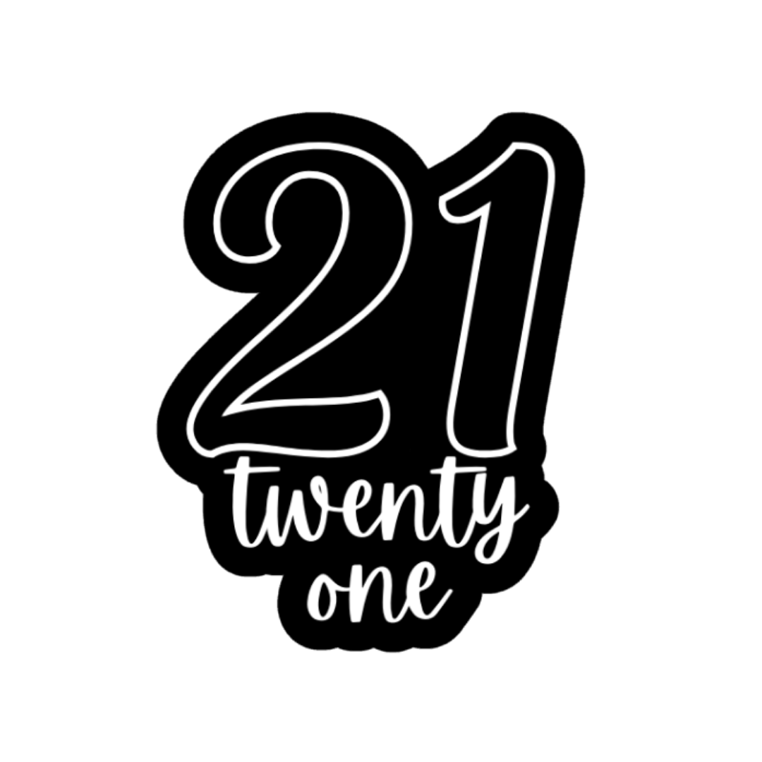 Black and white '21 twenty one' design on a white background
