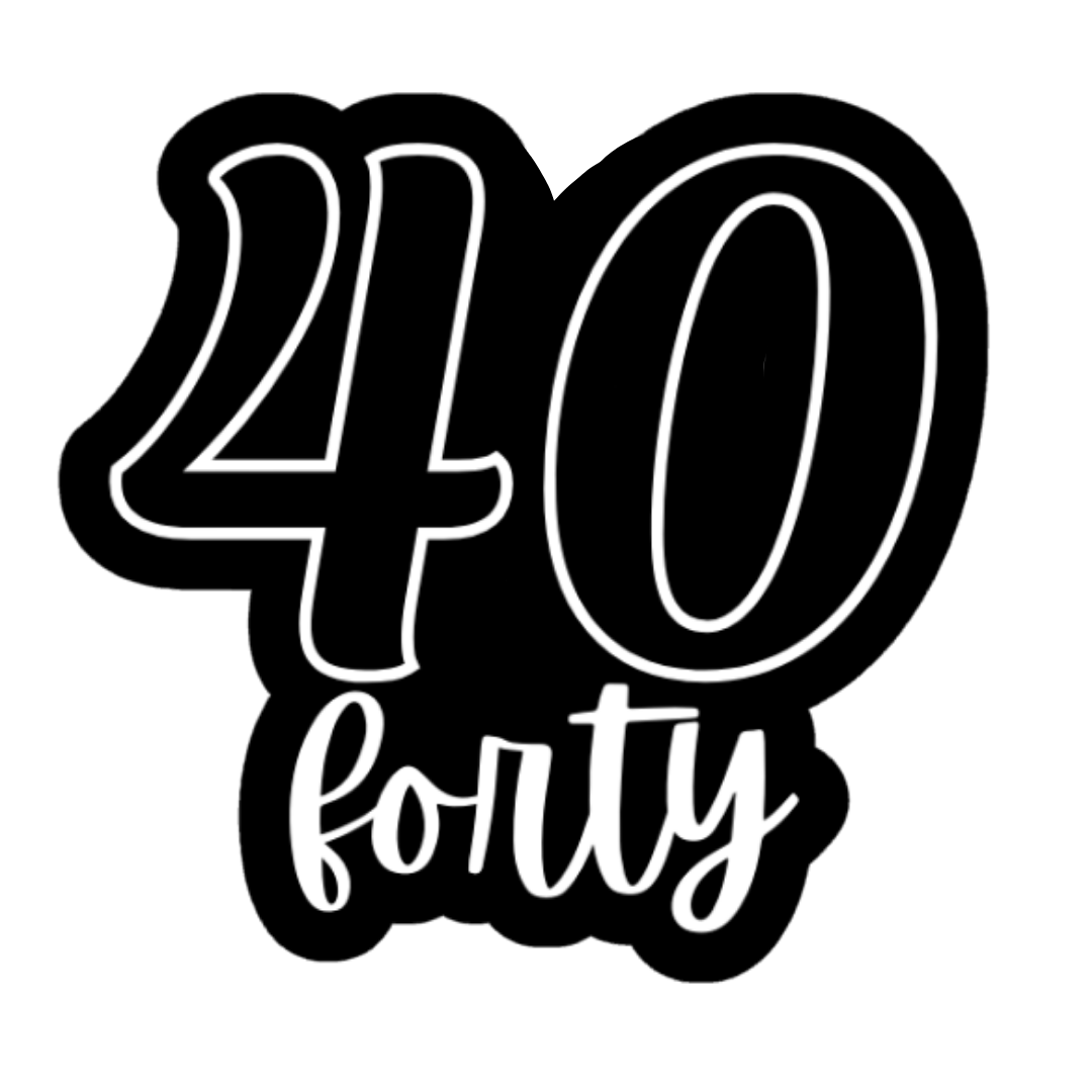 Black and white number '40' with the word 'forty' below on a white background