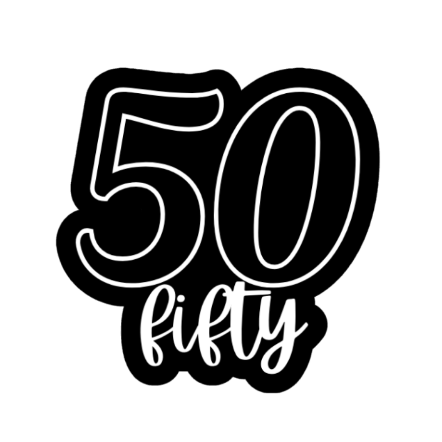 Black and white design with '50' and 'fifty' text on a white background