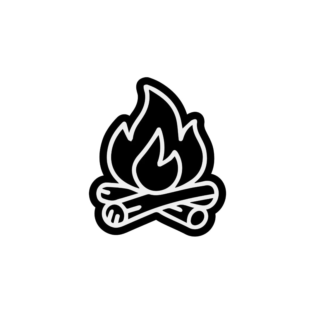 Black icon of a campfire with two sticks on a white background