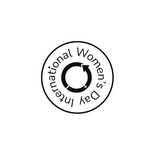 Black and white logo for International Women's Day on a white background